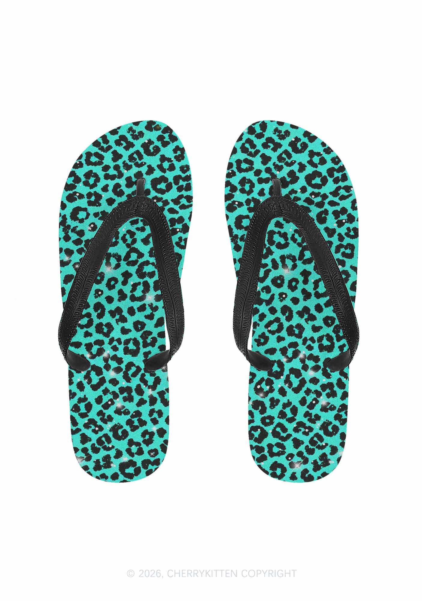 Turquoise Green Leopard Y2K Print Flip Flops Cherrykitten