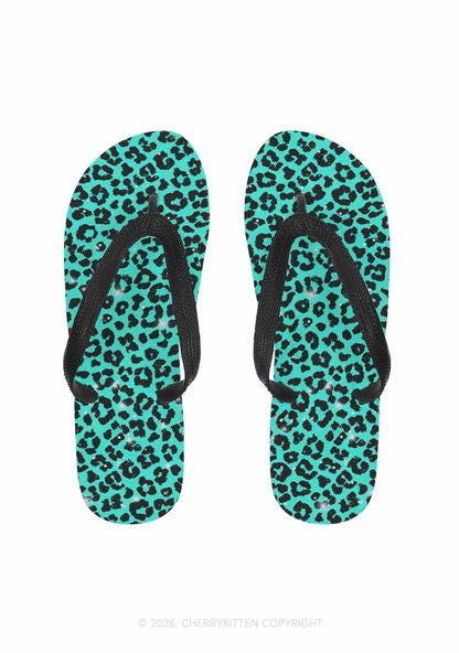 Turquoise Green Leopard Y2K Print Flip Flops Cherrykitten