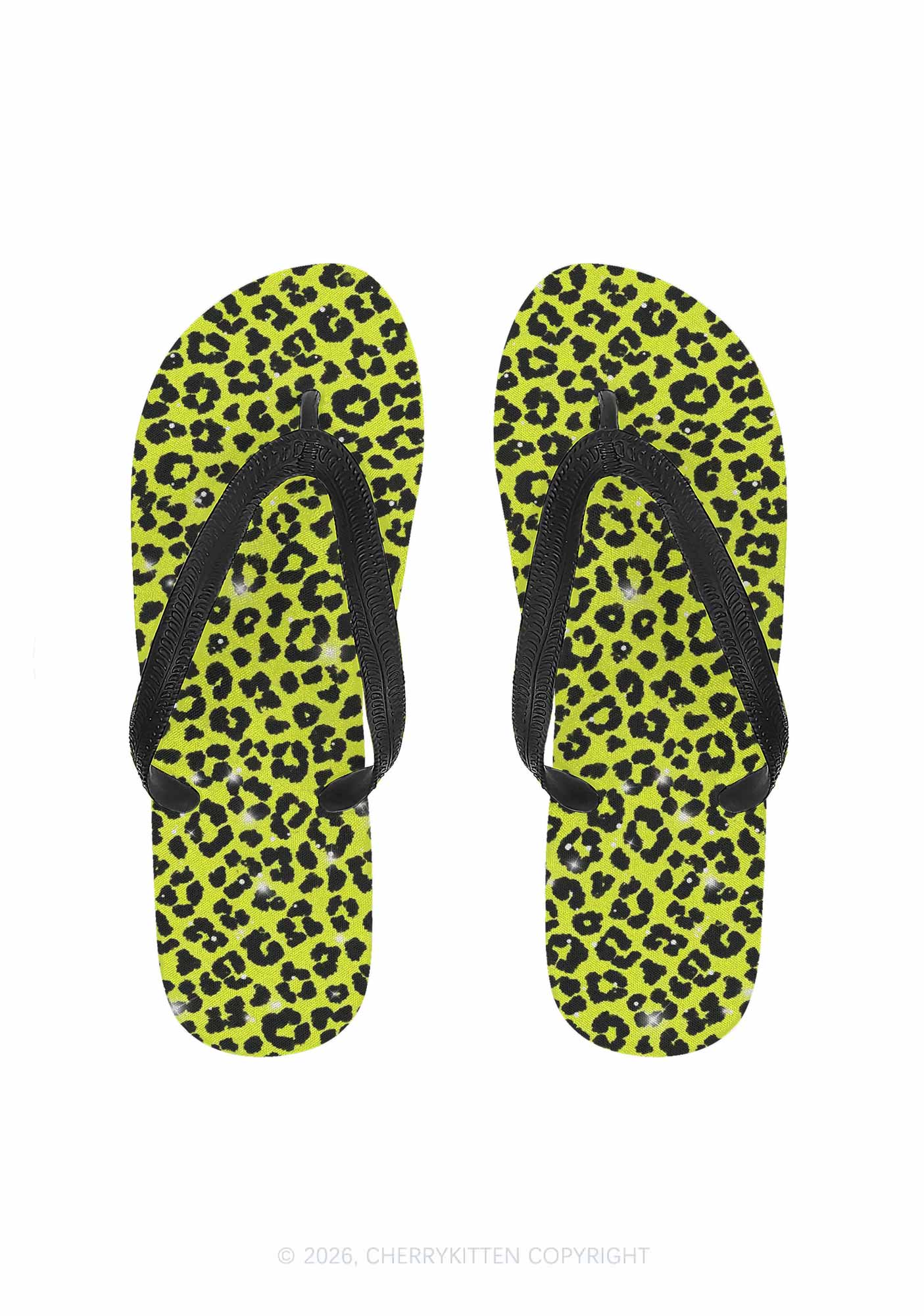 Lime Yellow Leopard Y2K Print Flip Flops Cherrykitten