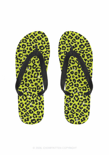 Lime Yellow Leopard Y2K Print Flip Flops Cherrykitten