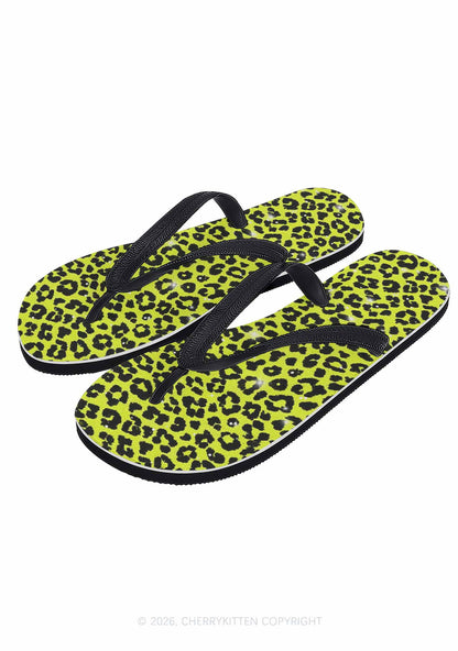 Lime Yellow Leopard Y2K Print Flip Flops Cherrykitten