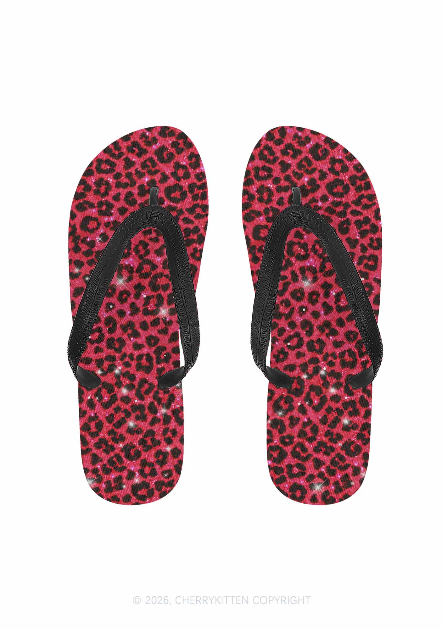 Bright Red Leopard Y2K Print Flip Flops Cherrykitten