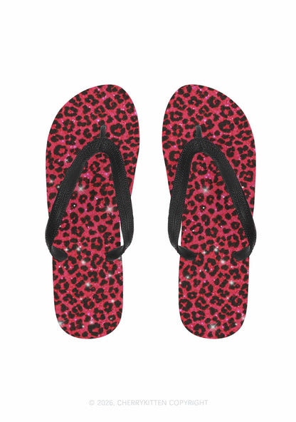 Bright Red Leopard Y2K Print Flip Flops Cherrykitten
