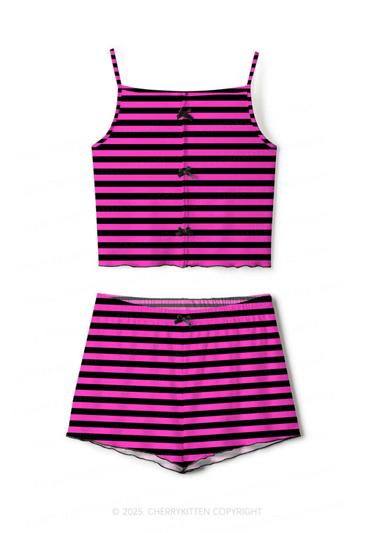 Pink And Black Stripe Valentine's Day Y2K Print Cami Shorts Pajama Set Cherrykitten