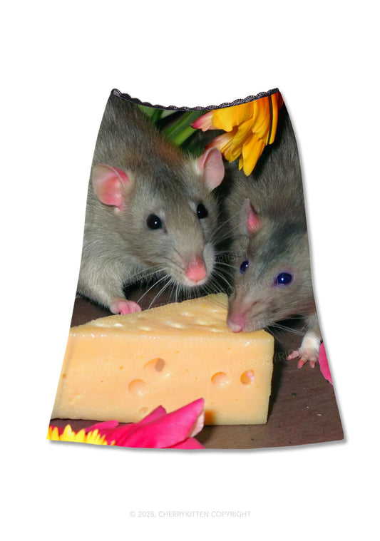 Rats Cheese Time Y2K Print Midi Skirt Cherrykitten