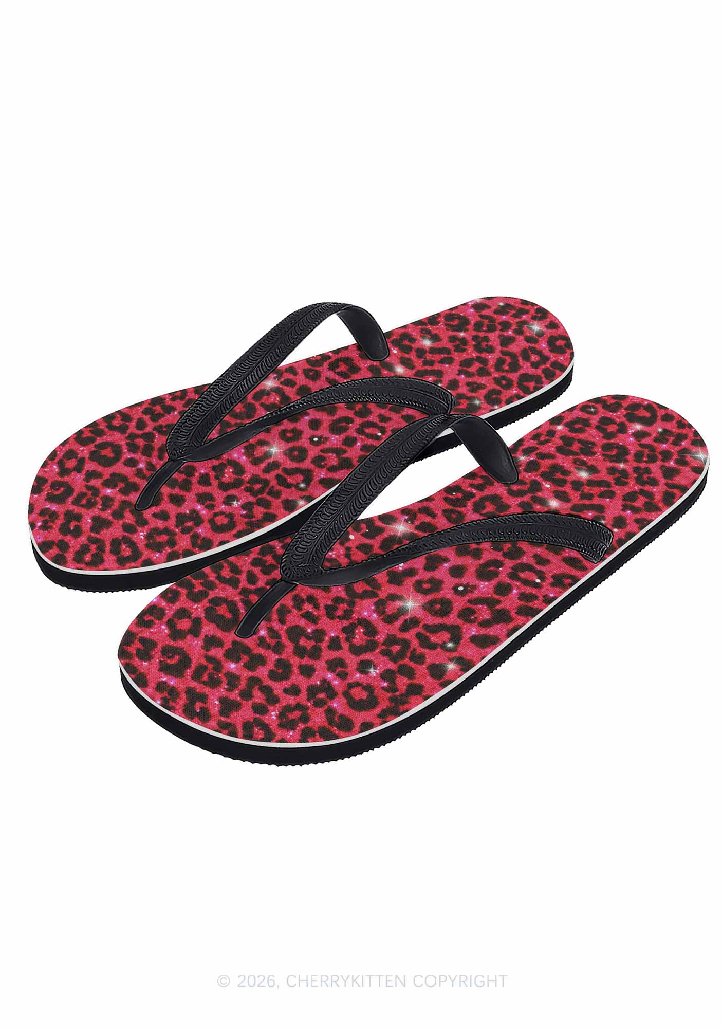 Bright Red Leopard Y2K Print Flip Flops Cherrykitten