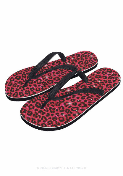 Bright Red Leopard Y2K Print Flip Flops Cherrykitten