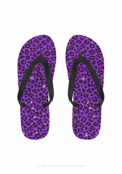 Dark Purple Leopard Y2K Print Flip Flops Cherrykitten