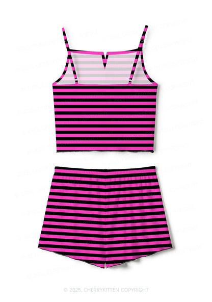 Pink And Black Stripe Valentine's Day Y2K Print Cami Shorts Pajama Set Cherrykitten