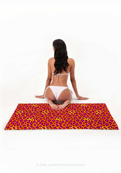 Orange Hot Pink Leopard Y2K Beach Towel Cherrykitten