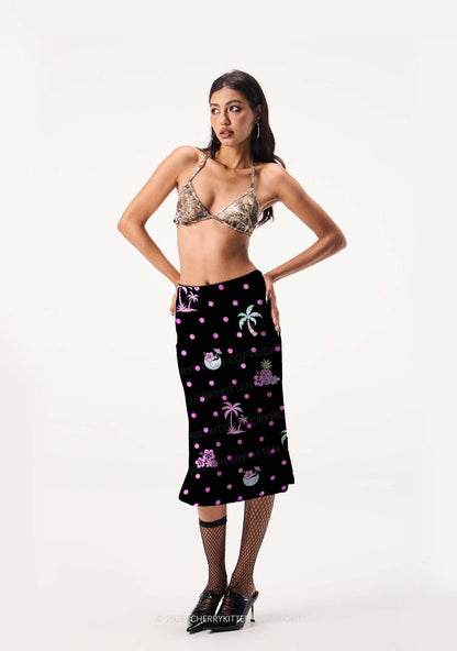 Pink Dots Palm Tree Y2K Print Midi Skirt Cherrykitten