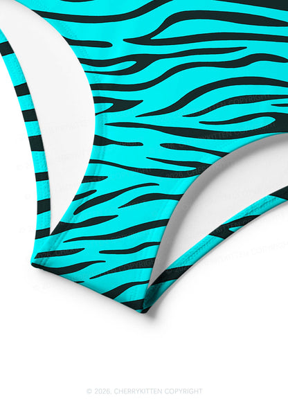 Bright Cyan Zebra Stripes Y2K Print Bikini Set Cherrykitten