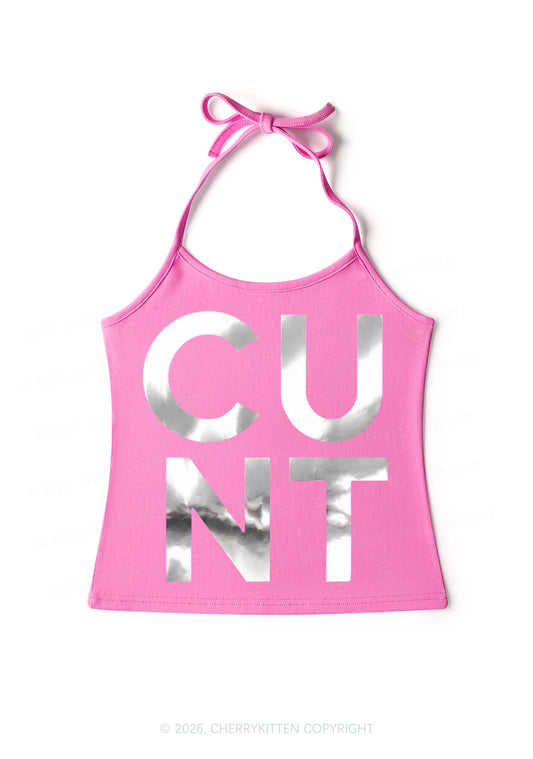 Cxxt Silver Foil Printed Y2K Halter Neck Cami Cherrykitten