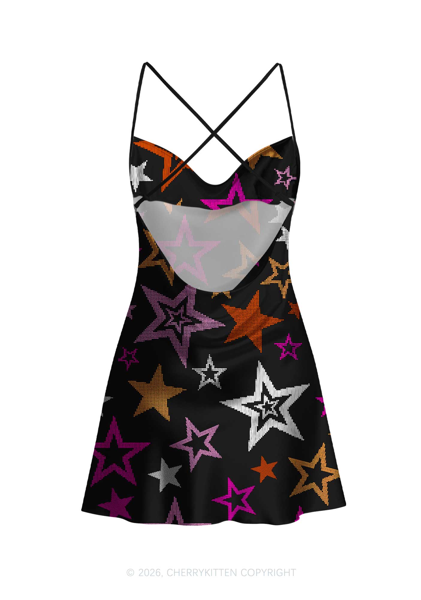 Lesbian Star Pride Y2K Print Satin Cowl Neck Slip Dress Cherrykitten