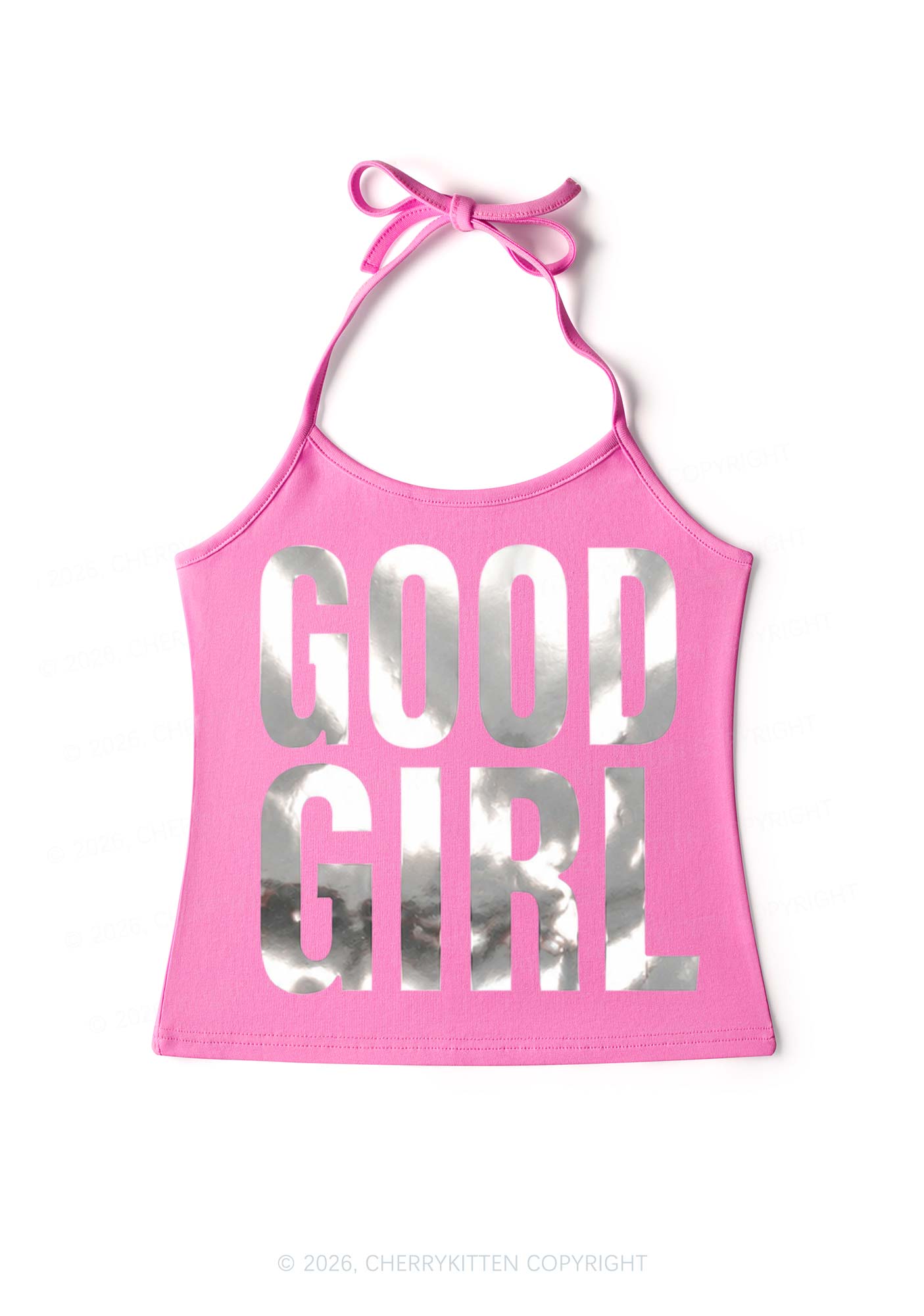 Good Girl Silver Foil Printed Y2K Halter Neck Cami Cherrykitten