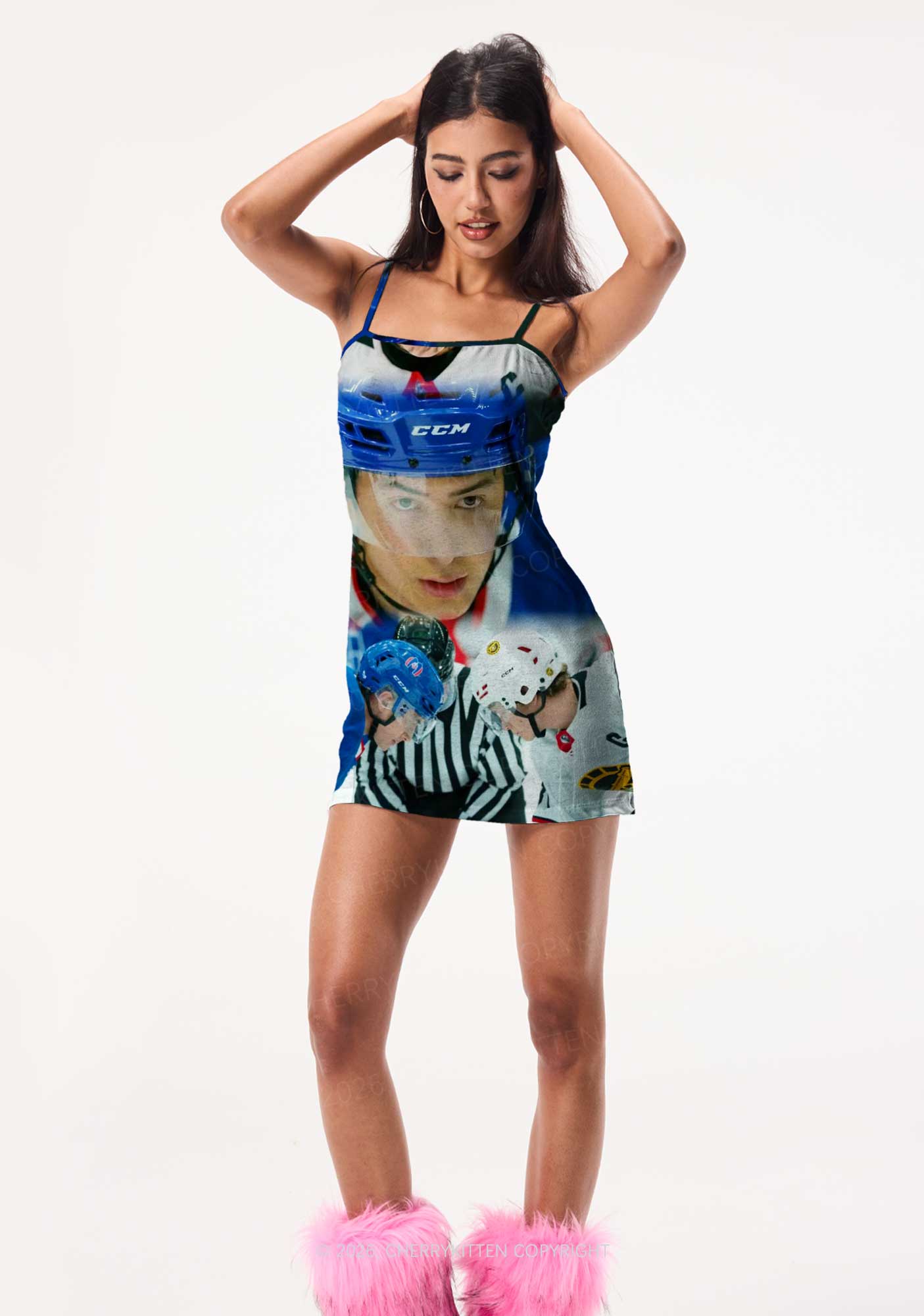 Blue And White Hockey Shirt HR Y2K Print Slip Dress Cherrykitten