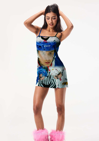 Blue And White Hockey Shirt HR Y2K Print Slip Dress Cherrykitten