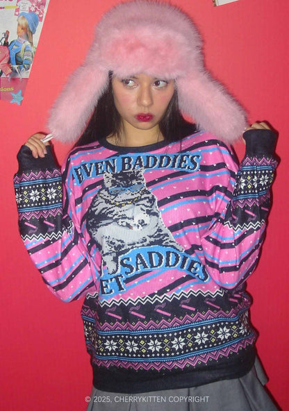 Even Baddies Get Saddies Y2K Christmas Knit Sweatshirt Cherrykitten