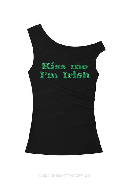 Glitter Kiss Me St Patricks Y2K Off Shoulder Tank Top Cherrykitten