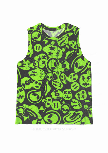 Green Alien Doodle Y2K Mesh Muscle Tank Cherrykitten