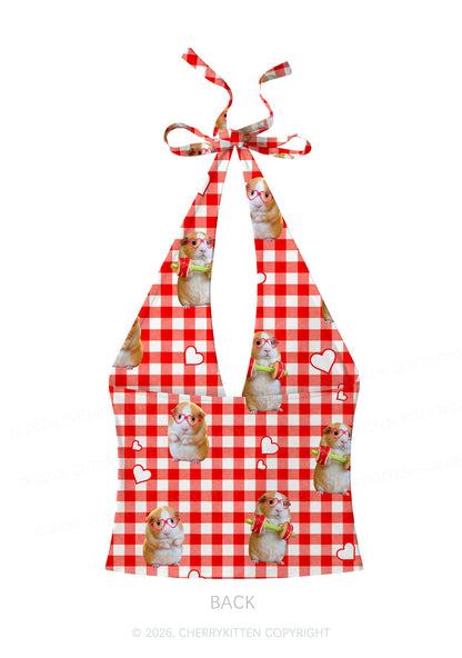 Gym Guinea Pig Red Plaid Y2K Print Halter Deep V Neck Cami Cherrykitten