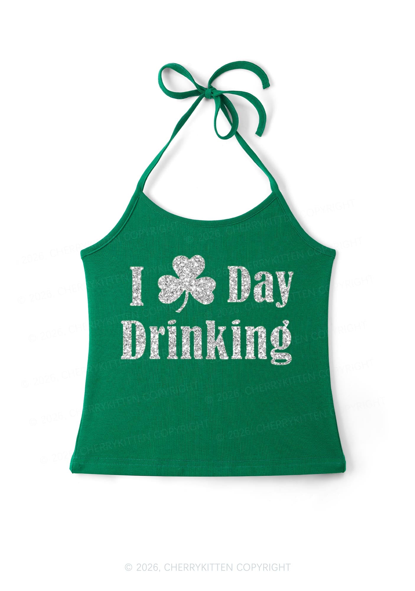 Glitter I Love Day Drinking St Patricks Y2K Halter Neck Cami Cherrykitten