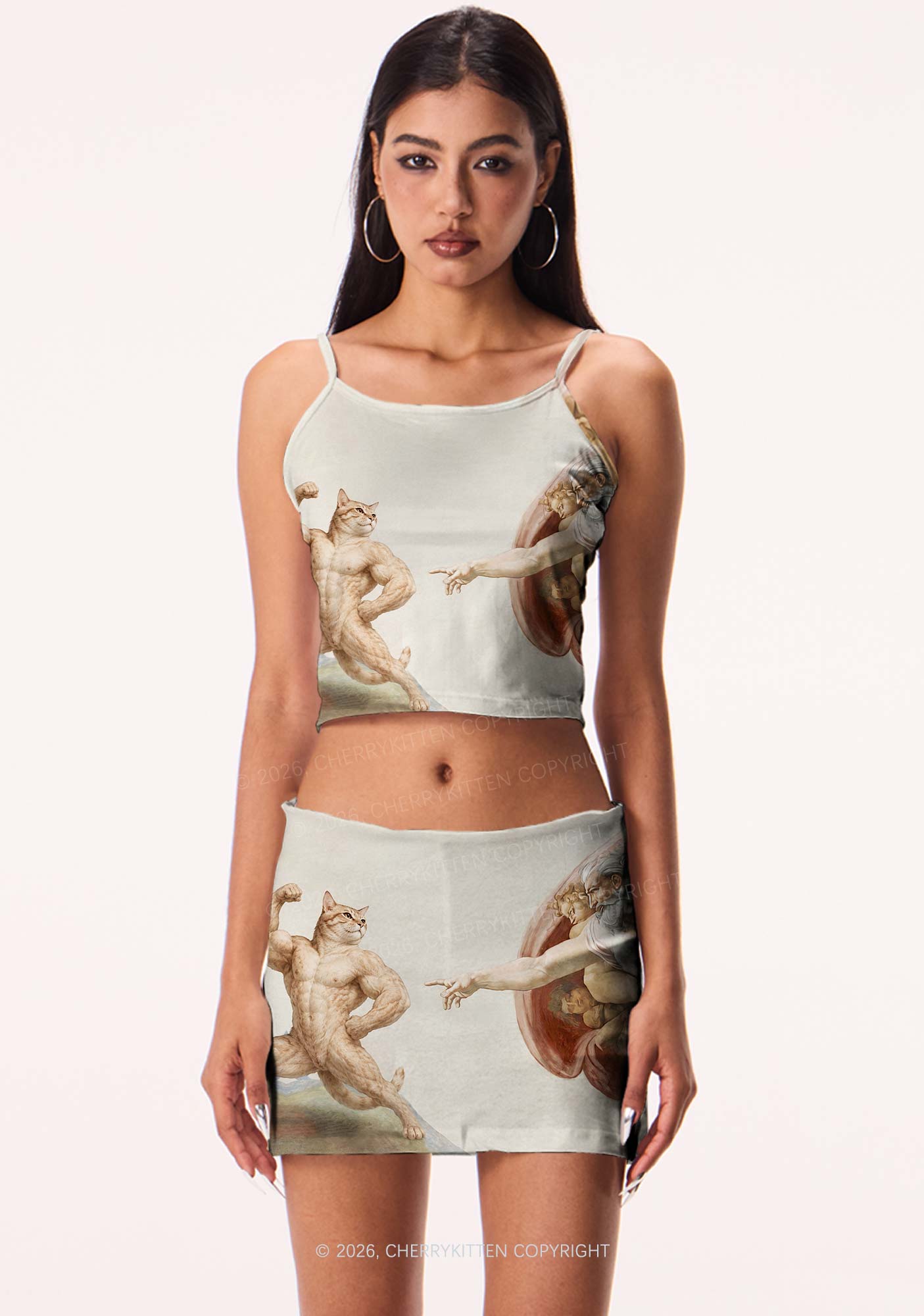 Gym Cat God Touch Y2K Print Mini Skirt Cherrykitten