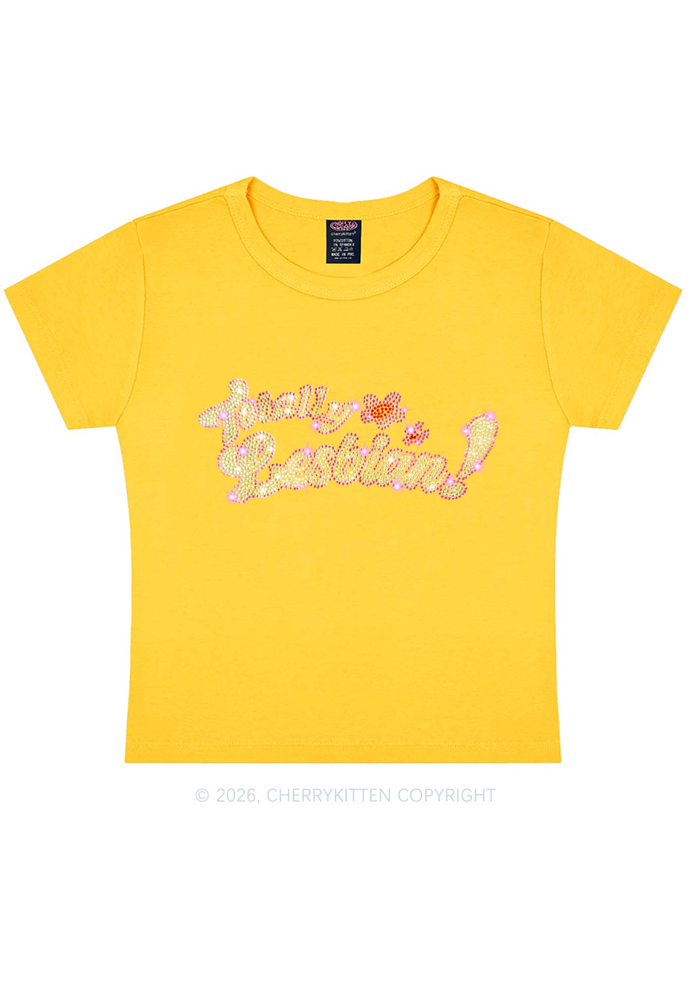 Rhinestone Totally Lesbian Pride Y2K Baby Tee Cherrykitten