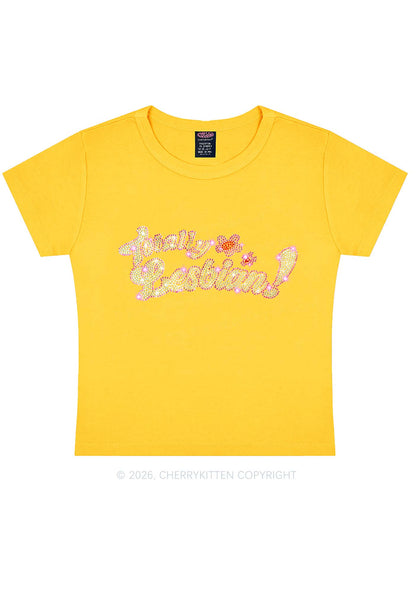 Rhinestone Totally Lesbian Pride Y2K Baby Tee Cherrykitten