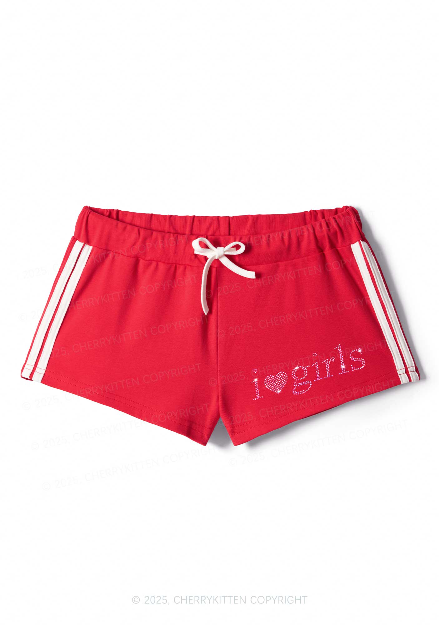 Rhinestone Pink I Love Girls Y2K Drawstring Mini Shorts Cherrykitten