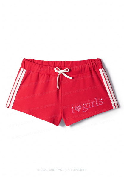 Rhinestone Pink I Love Girls Y2K Drawstring Mini Shorts Cherrykitten