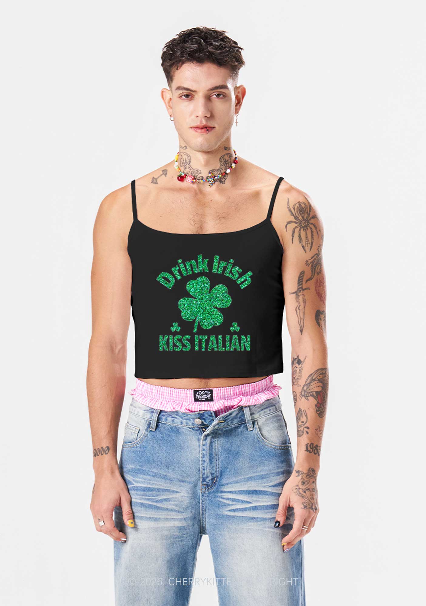 Glitter Drink Irish Kiss Italian St Patricks Y2K Spaghetti Strap Cami Cherrykitten