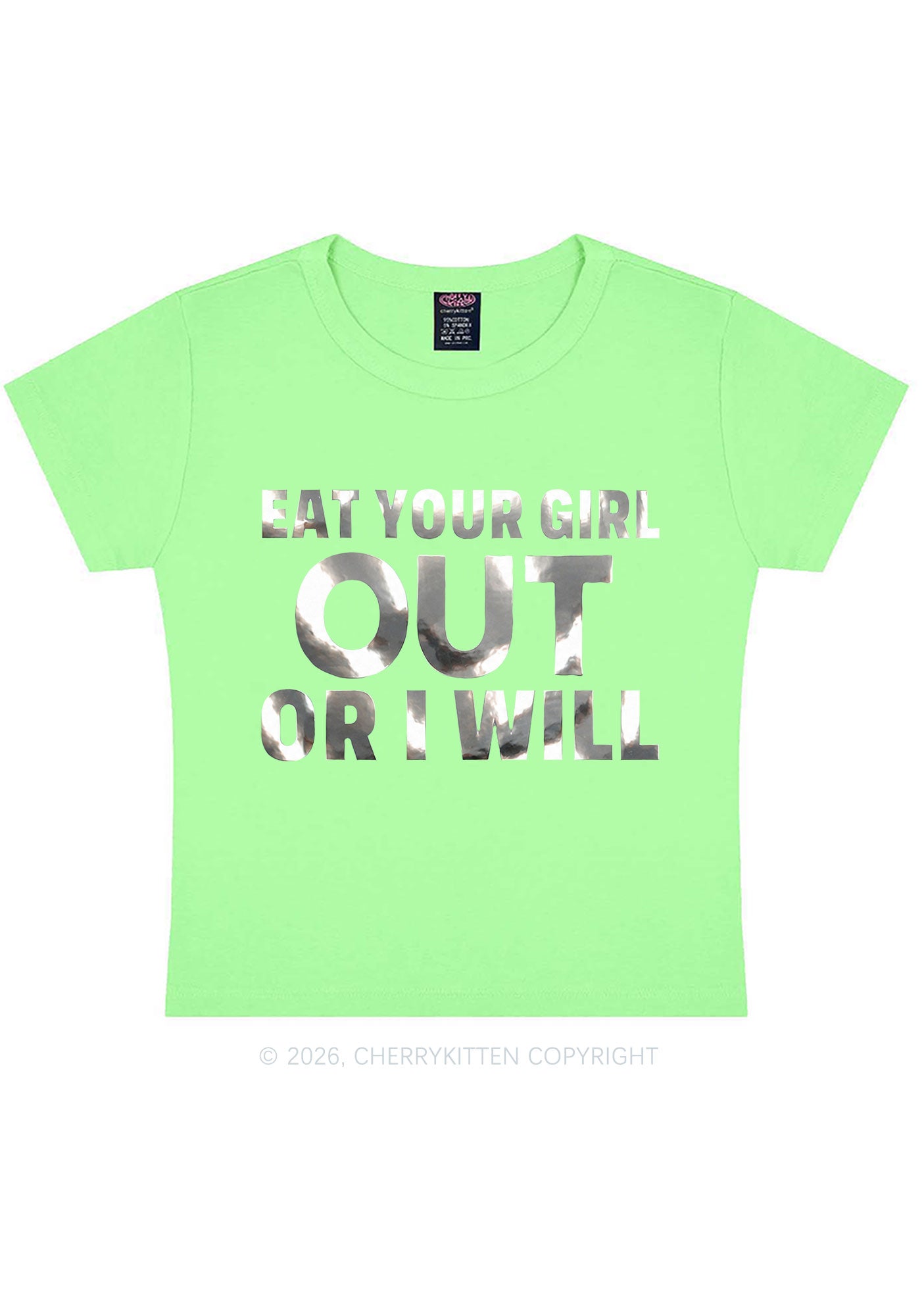 Eat Your Girl Out Silver Foil Printed Y2K Baby Tee Cherrykitten