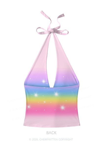 Rainbow Gradient Unicorn Y2K Print Halter Deep V Neck Cami Cherrykitten