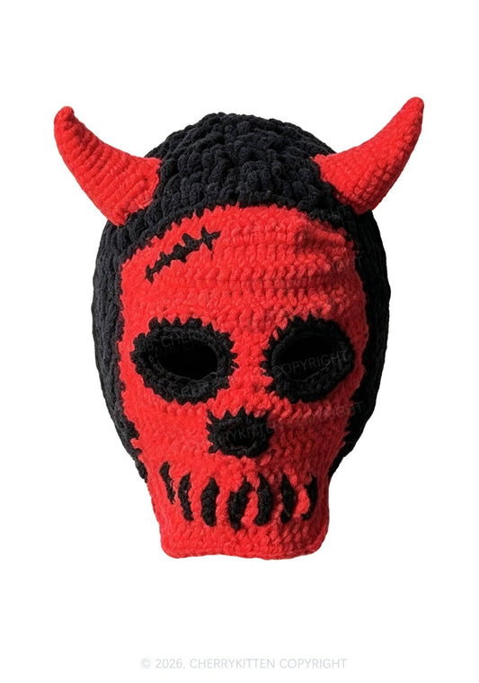 Halloween Red Skull Devil Horn Y2K Knitted Balaclava Cherrykitten