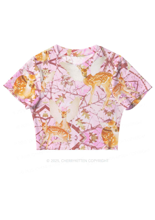 Pink Wood Deer Y2K Mesh Crop Top Cherrykitten