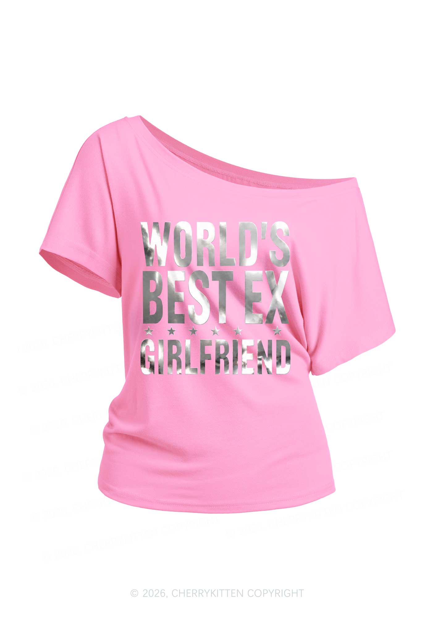 Best Ex Girlfriend Silver Foil Printed Y2K Off Shoulder Tee Cherrykitten