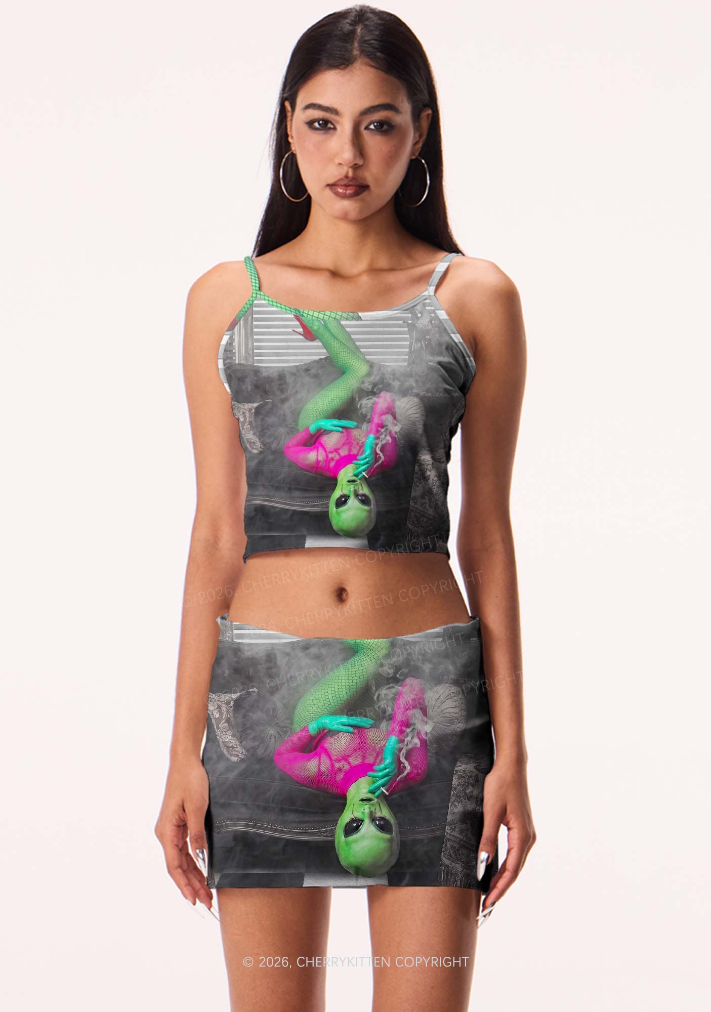 Smoking Alien Y2K Print Mini Skirt Cherrykitten