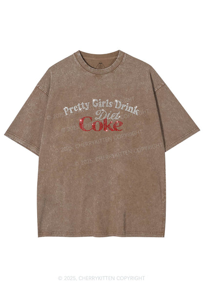 Rhinestone Pretty Girls Drink Diet Coke Y2K Shirts Washed Tee Cherrykitten