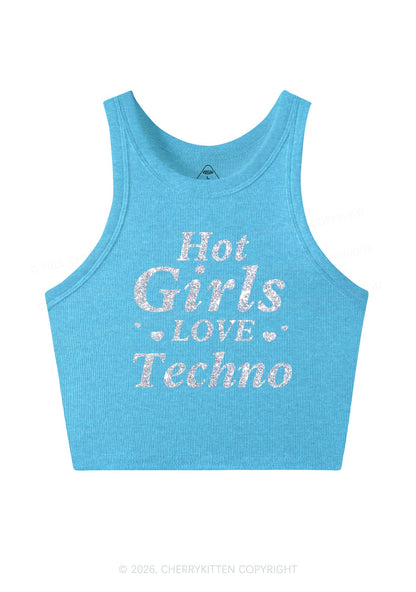 Glitter Hot Girls Love Techno Y2K Crop Tank Top Cherrykitten