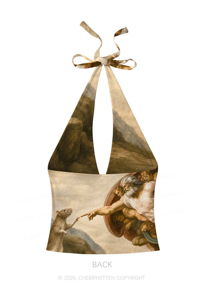God Hand Touching Rat Y2K Print Halter Deep V Neck Cami Cherrykitten