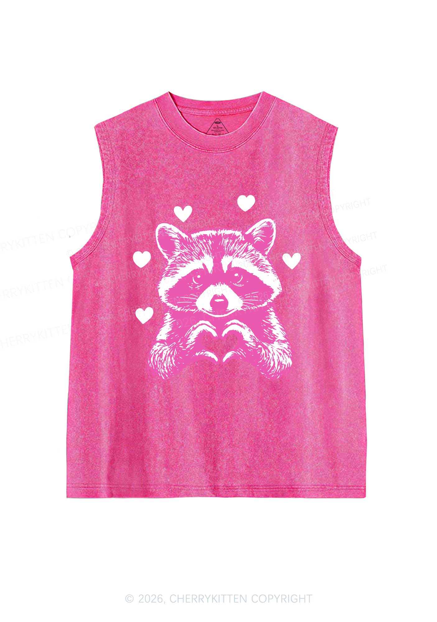 Pink Raccoon Heart Valentine's Day Y2K Washed Muscle Tank Cherrykitten