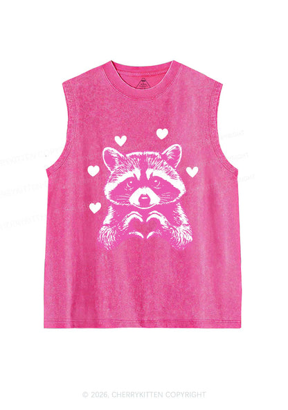 Pink Raccoon Heart Valentine's Day Y2K Washed Muscle Tank Cherrykitten