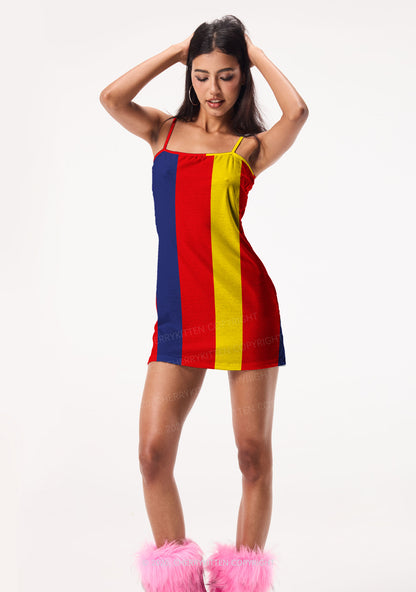 Red Navy Yellow Vertical Stripe Y2K Print Slip Dress Cherrykitten