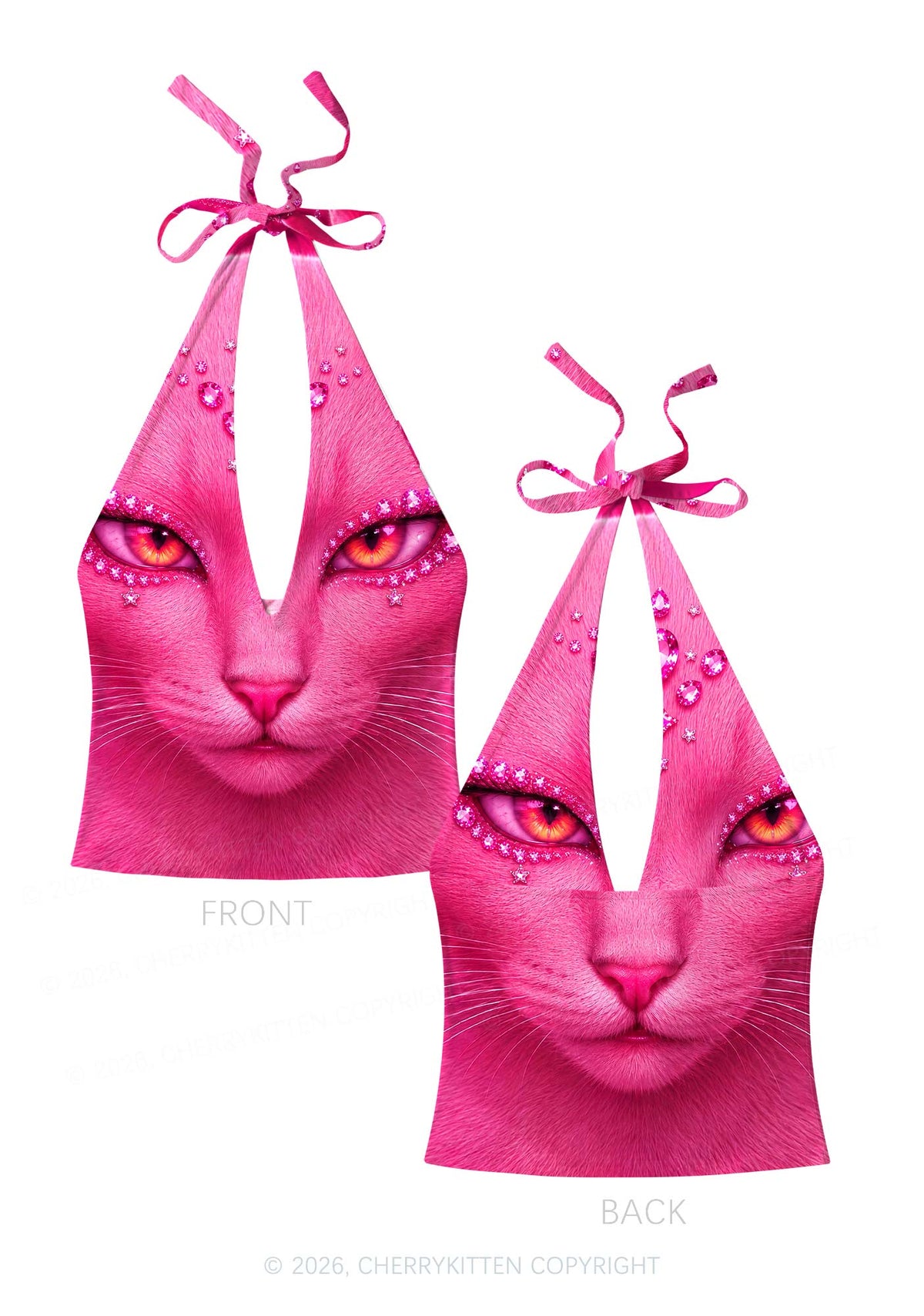 Pink Eyeshadow Cat Y2K Print Halter Deep V Neck Cami Cherrykitten