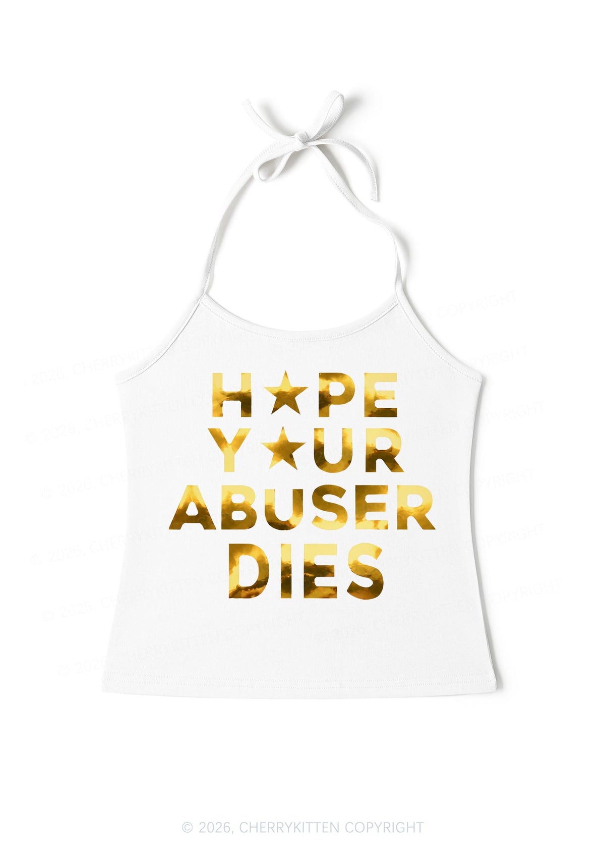 Abuser Dies Silver Foil Printed Y2K Halter Neck Cami Cherrykitten