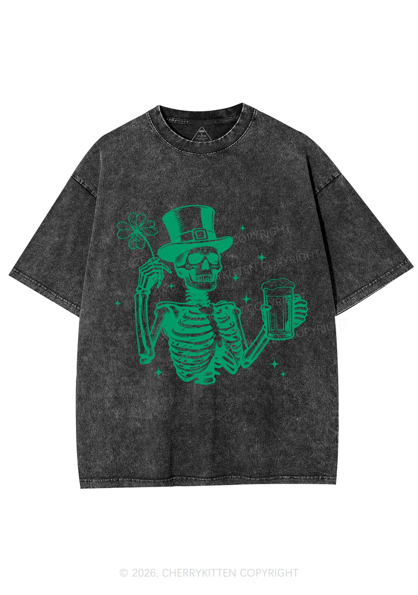 Green Skeleton St Patricks Y2K Shirts Washed Tee Cherrykitten