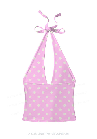 White Dots On Pink Y2K Print Halter Deep V Neck Cami Cherrykitten