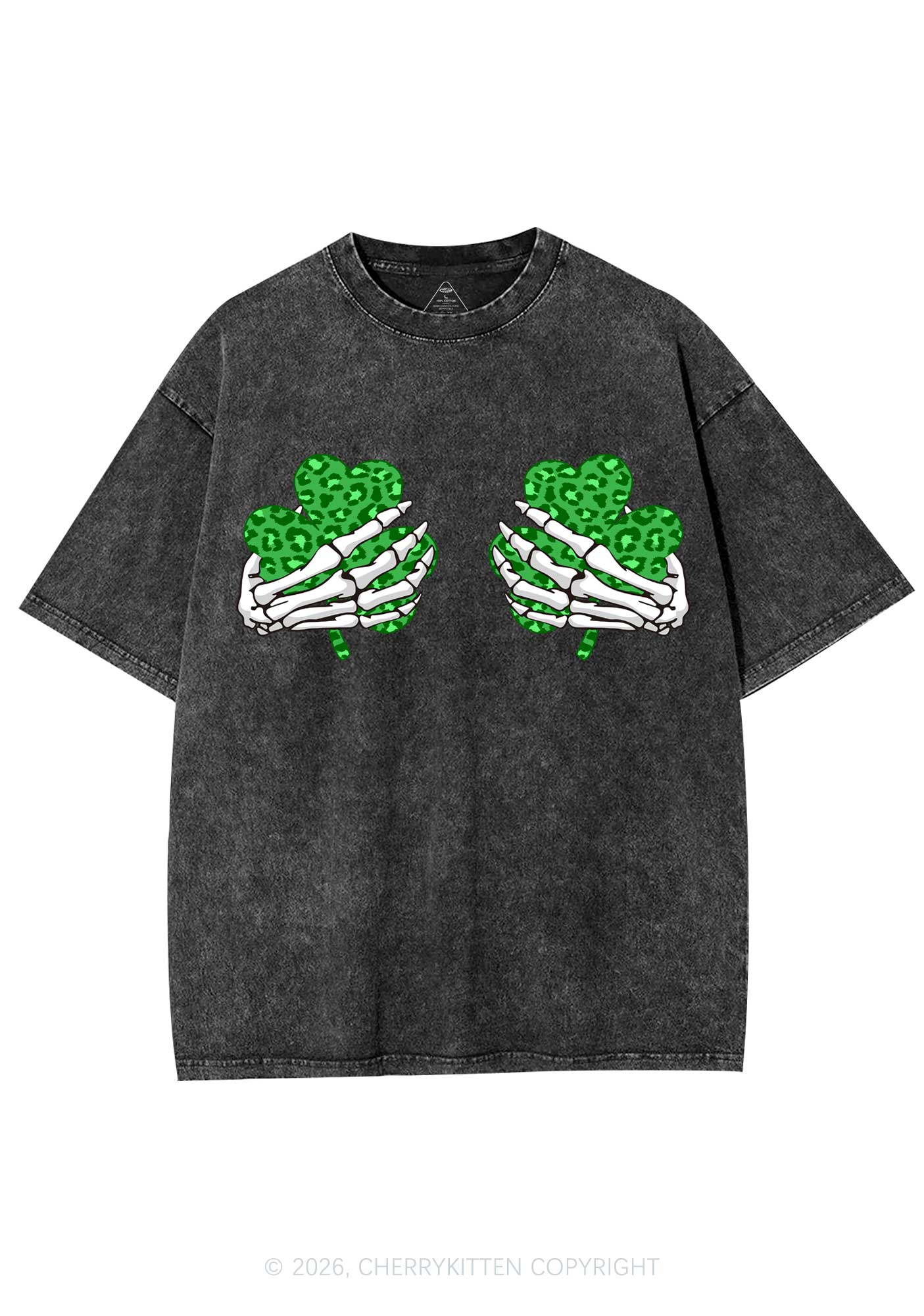 Skeleton Leopard Shamrock St Patricks Y2K Shirts Washed Tee Cherrykitten