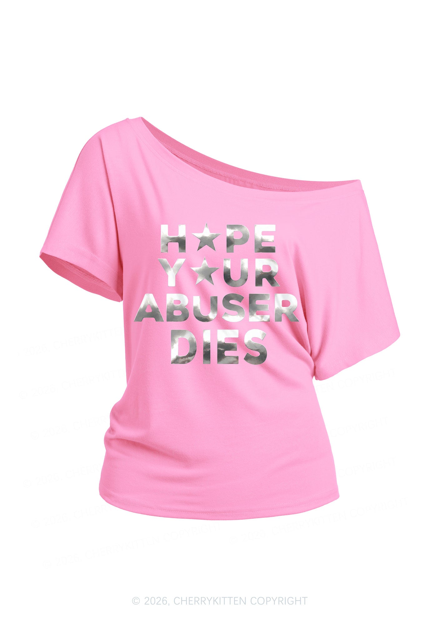 Abuser Dies Silver Foil Printed Y2K Off Shoulder Tee Cherrykitten